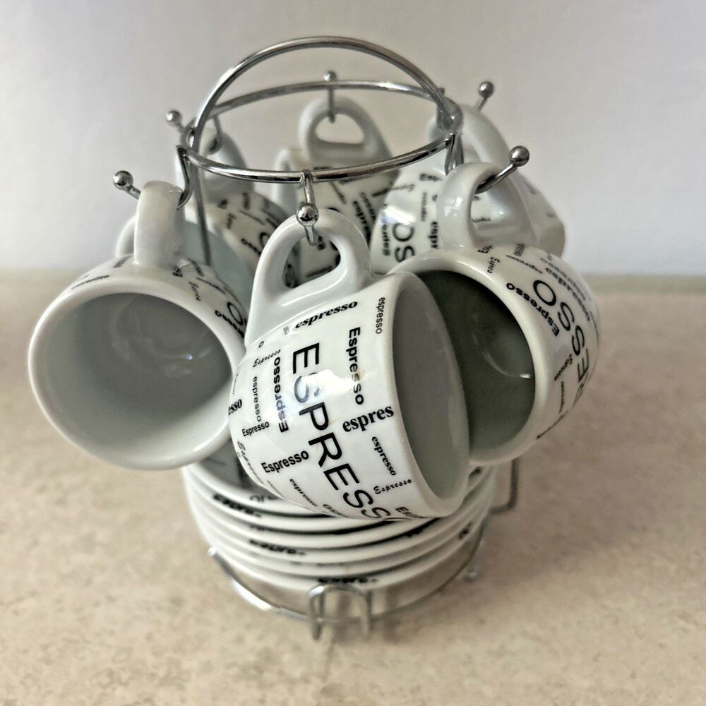 Espresso Cup and Saucer Set 6 with rack Black & White 2" Cup 4" Saucer